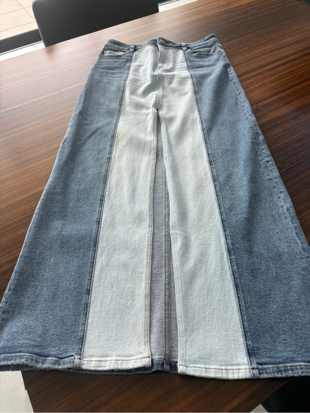 Alice + Olivia Two-Tone Wide-Leg Flare Jeans in Light & Medium Blue Denim